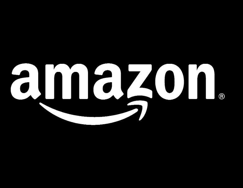 Black background with the white Amazon logo, including the lowercase 'amazon' text and a curved arrow underneath pointing from the letter 'a' to 'z'.